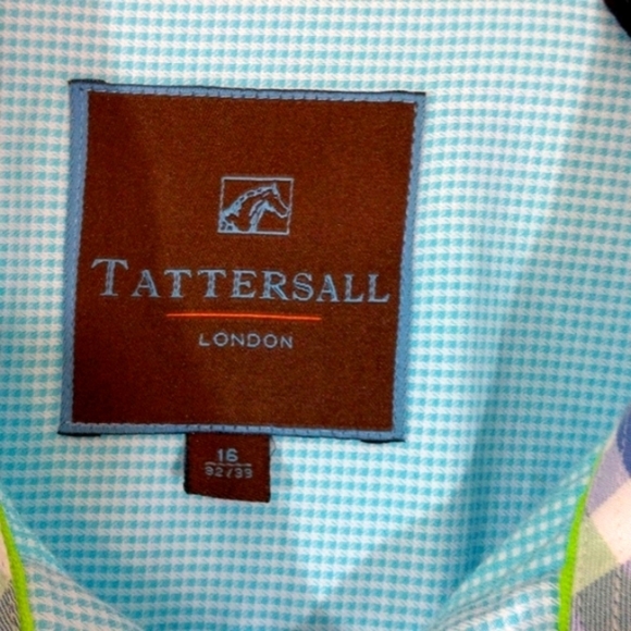 Tattersall London Men's Blue Mini Houndstooth Check Dress Shirt Spread Collar 16 - Picture 6 of 8
